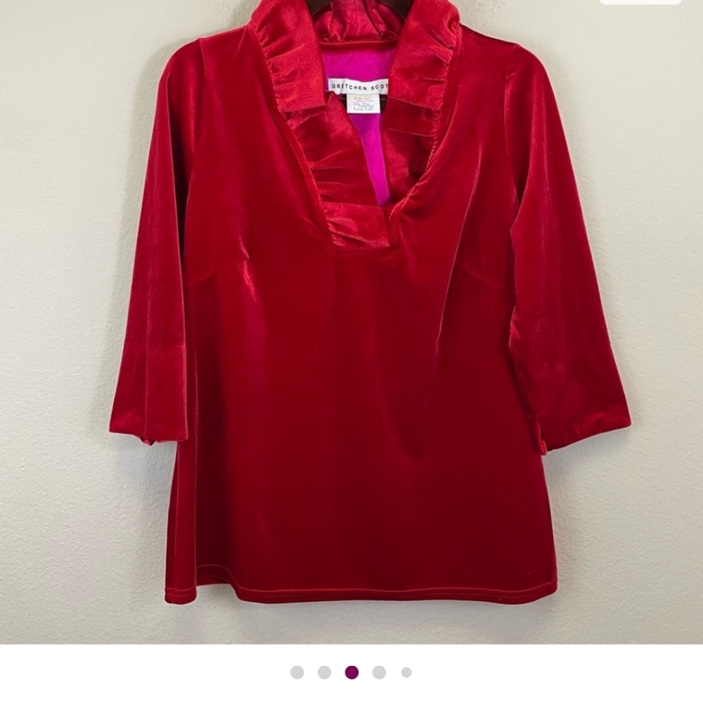 Gretchen Scott Red Crimson Ruffle Neck 3/4 Sleeves Top - Silky Velvet Size XL - Picture 7 of 7